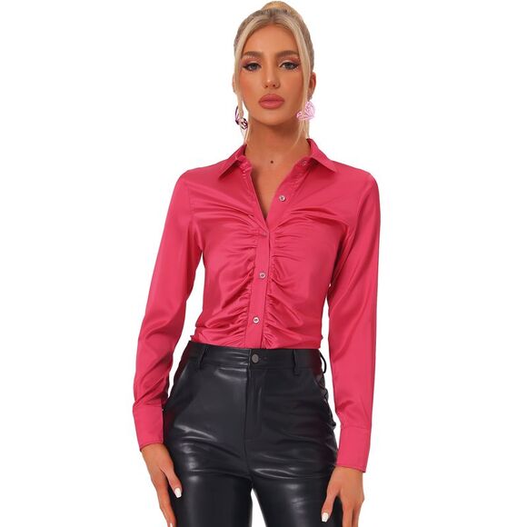 Satin Blouse Pleated Long Sleeve Point Collar Button Down Shirts Red - Picture 1 of 5
